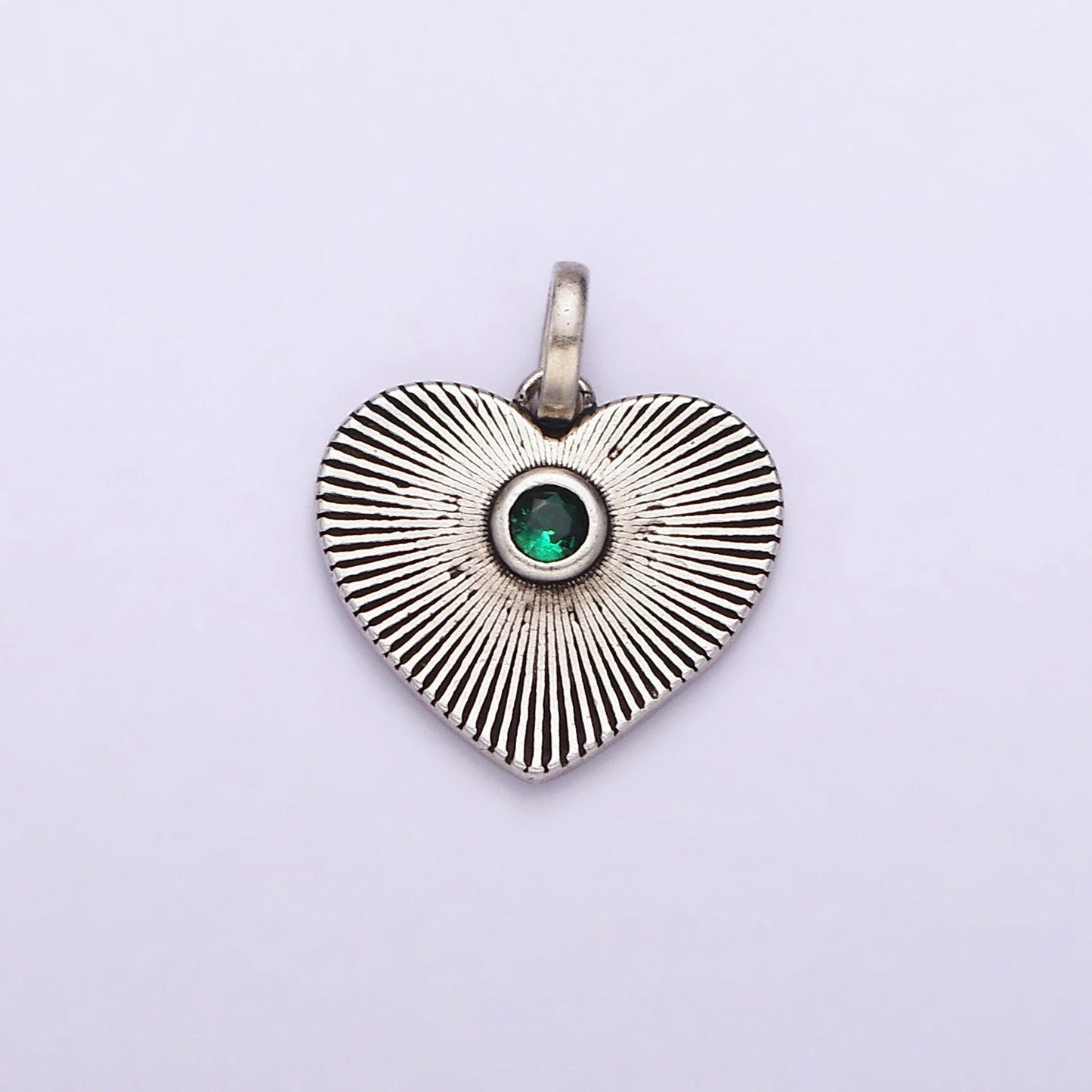 Dainty Radial Heart Charm in 925 Sterling Silver Pendant with Green Micro Pave Medallion Jewelry SL-323