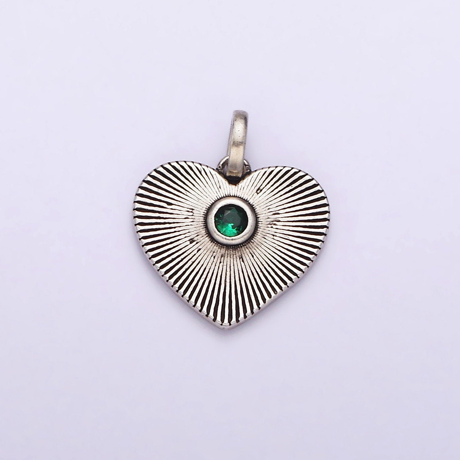 Dainty Radial Heart Charm in 925 Sterling Silver Pendant with Green Micro Pave Medallion Jewelry SL-323