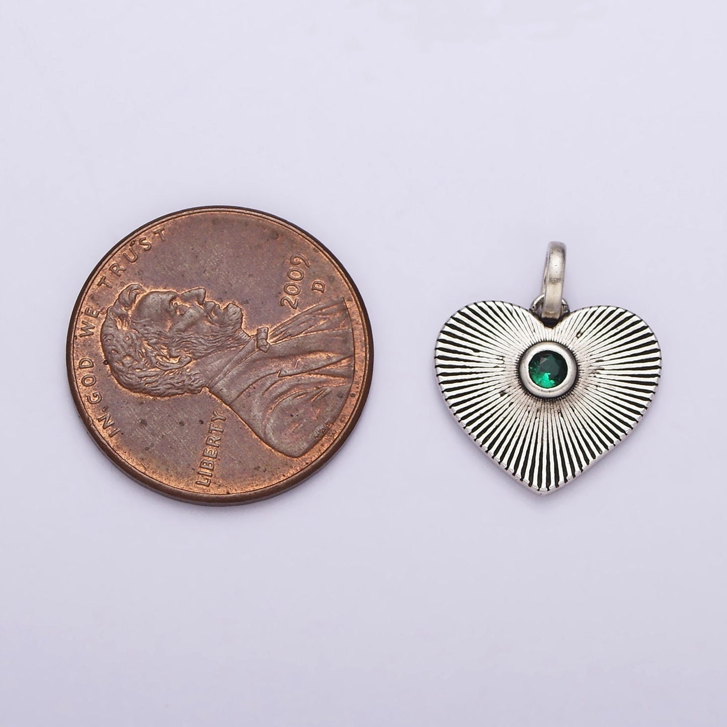 Dainty Radial Heart Charm in 925 Sterling Silver Pendant with Green Micro Pave Medallion Jewelry SL-323