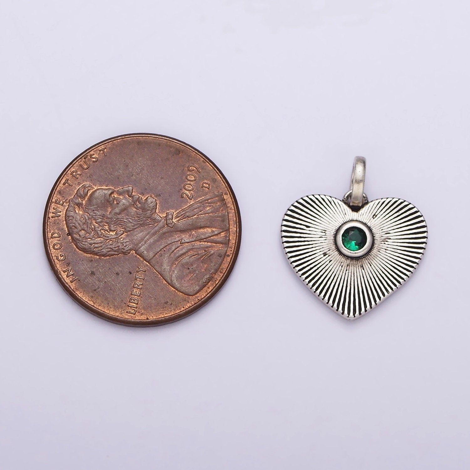 Dainty Radial Heart Charm in 925 Sterling Silver Pendant with Green Micro Pave Medallion Jewelry SL-323