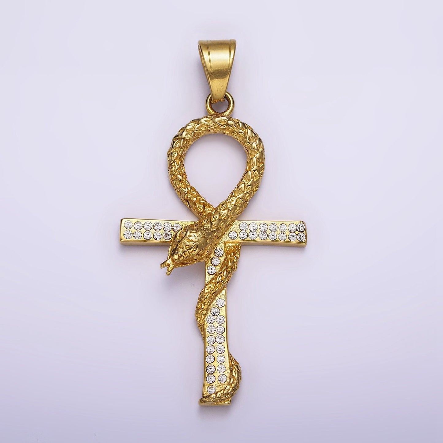 Stainless Steel Scaled Snake Serpent Ankh Egyptian Clear Micro Paved CZ Cross Pendant | J765