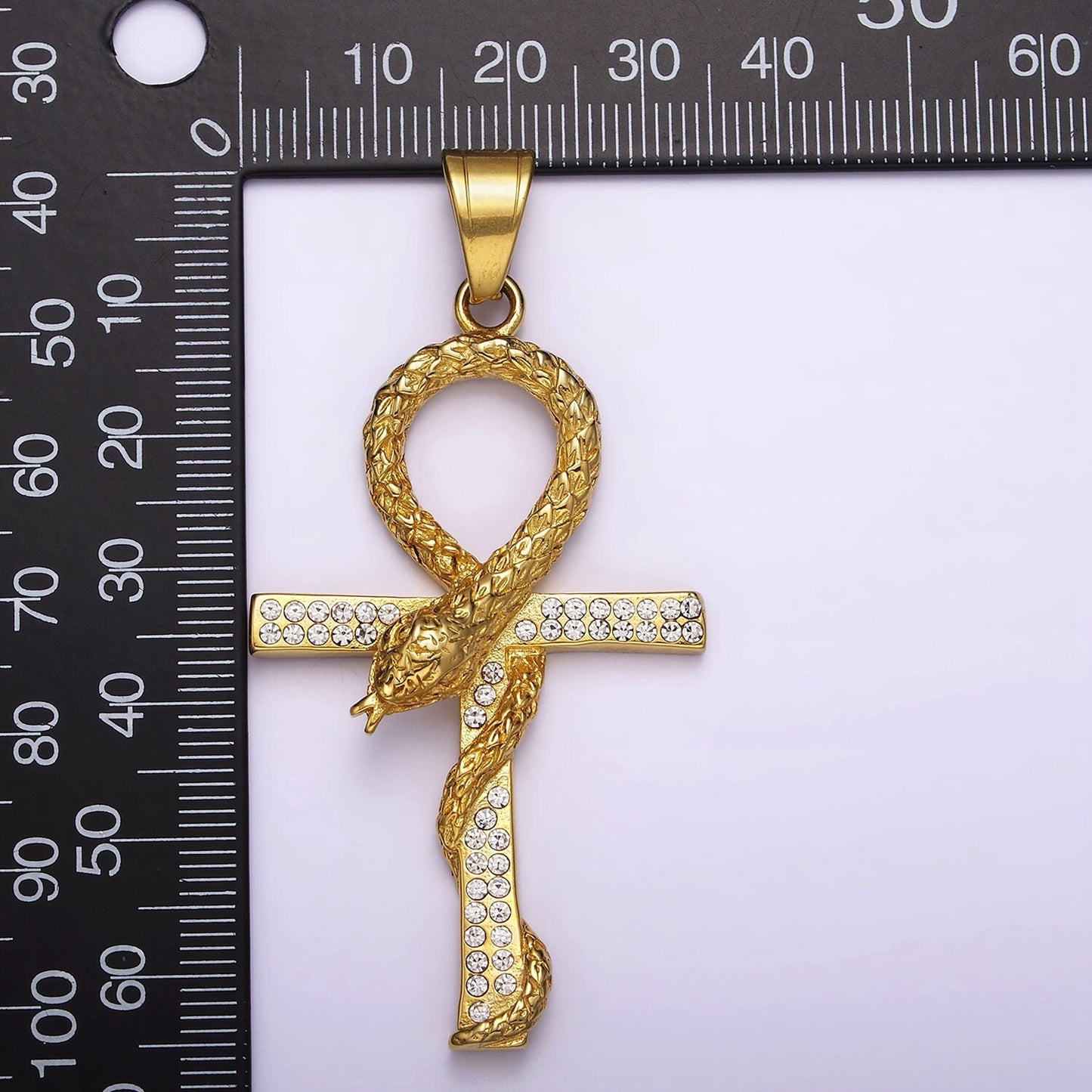 Stainless Steel Scaled Snake Serpent Ankh Egyptian Clear Micro Paved CZ Cross Pendant | J765