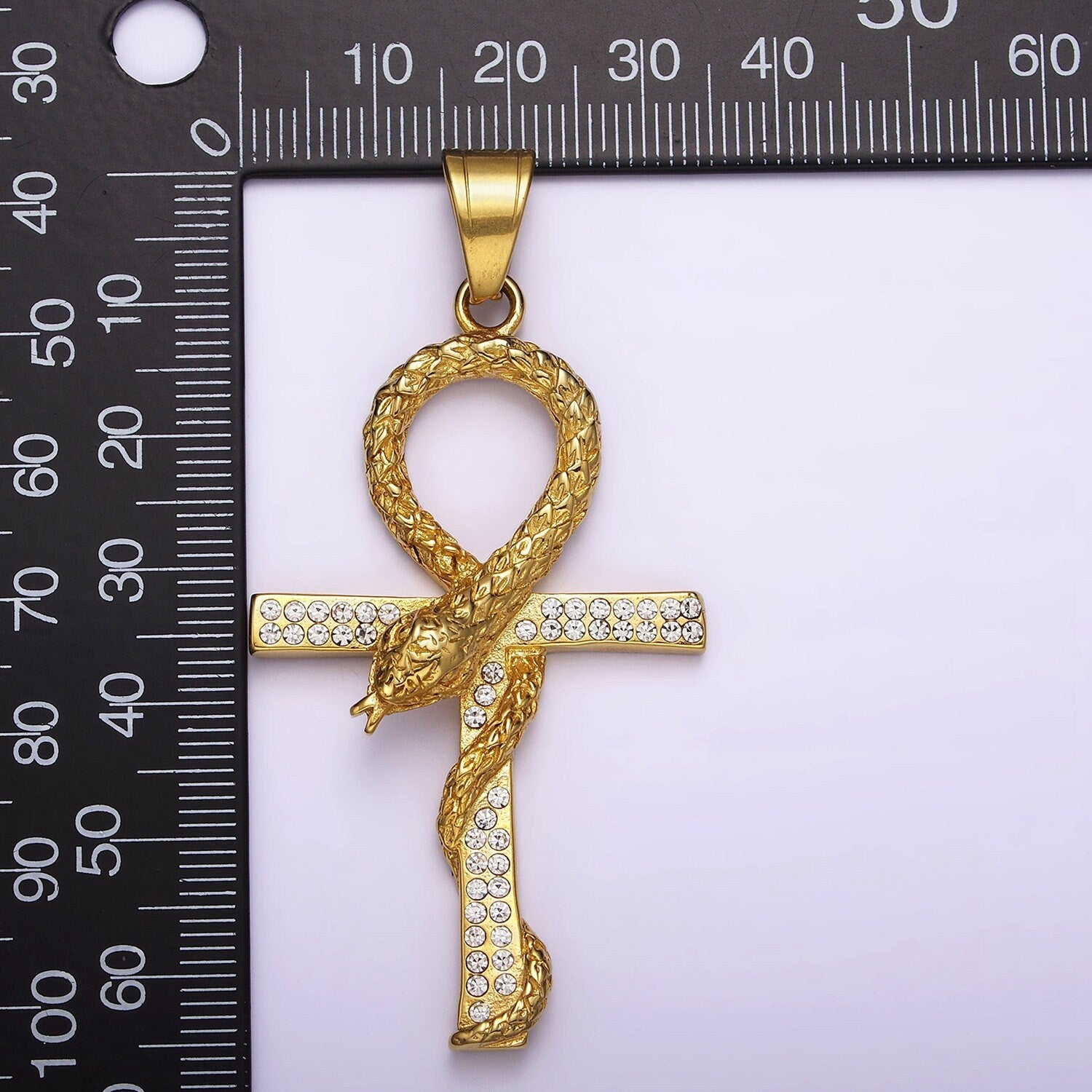 Stainless Steel Scaled Snake Serpent Ankh Egyptian Clear Micro Paved CZ Cross Pendant | J765