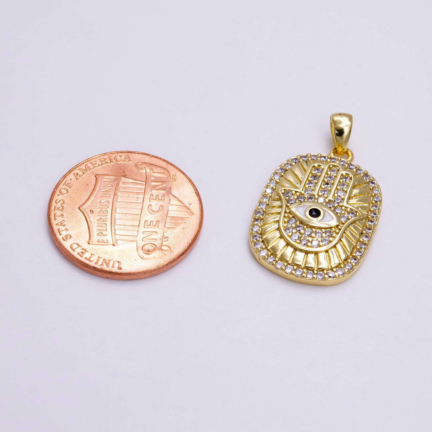 14K Gold Filled White, Blue, Red, Purple, Pink Enamel Evil Eye Micro Paved CZ Hamsa Hand Lined Pendant | AA557 - AA561