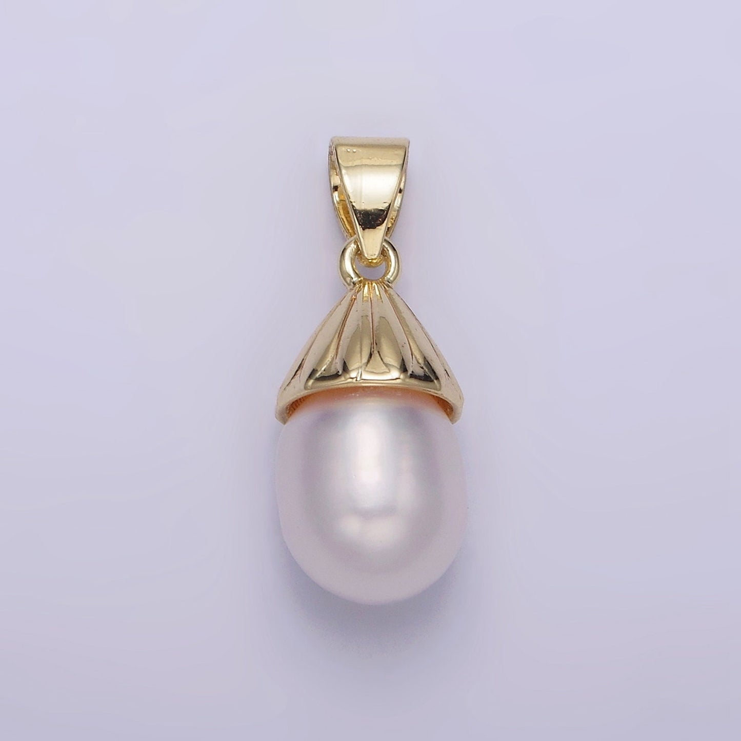 14K Gold Filled Button White Pearl Oblong Lined Bail Pendant | AA632