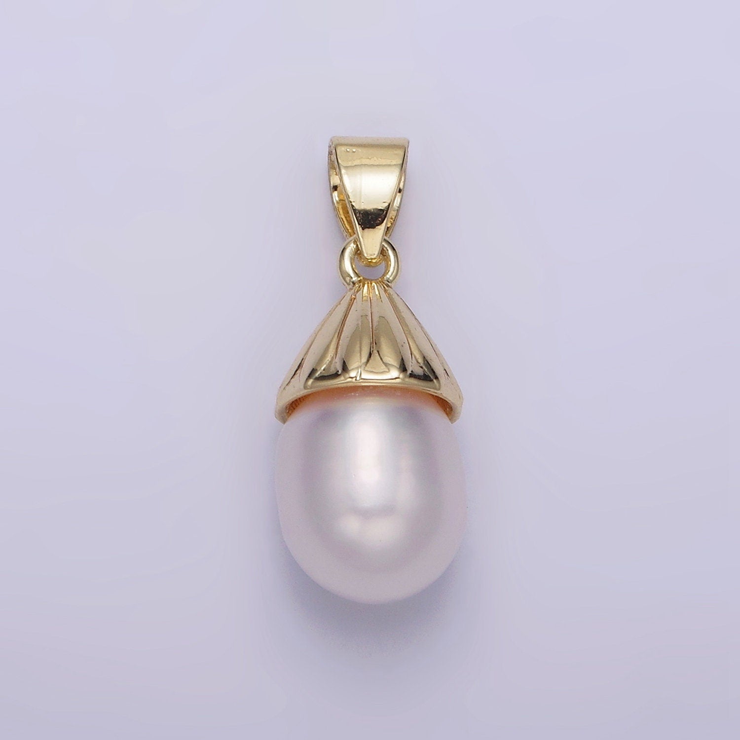 14K Gold Filled Button White Pearl Oblong Lined Bail Pendant | AA632