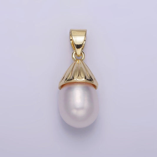 14K Gold Filled Button White Pearl Oblong Lined Bail Pendant | AA632