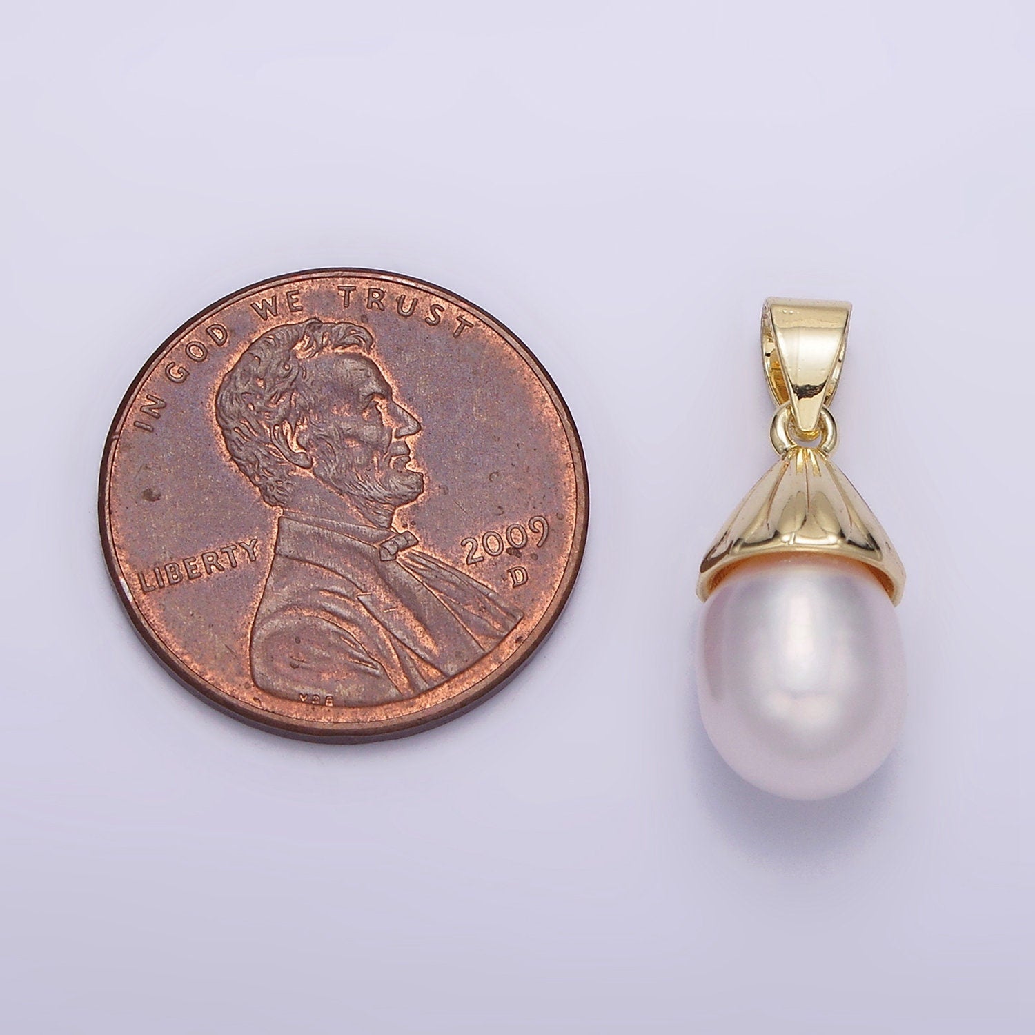 14K Gold Filled Button White Pearl Oblong Lined Bail Pendant | AA632