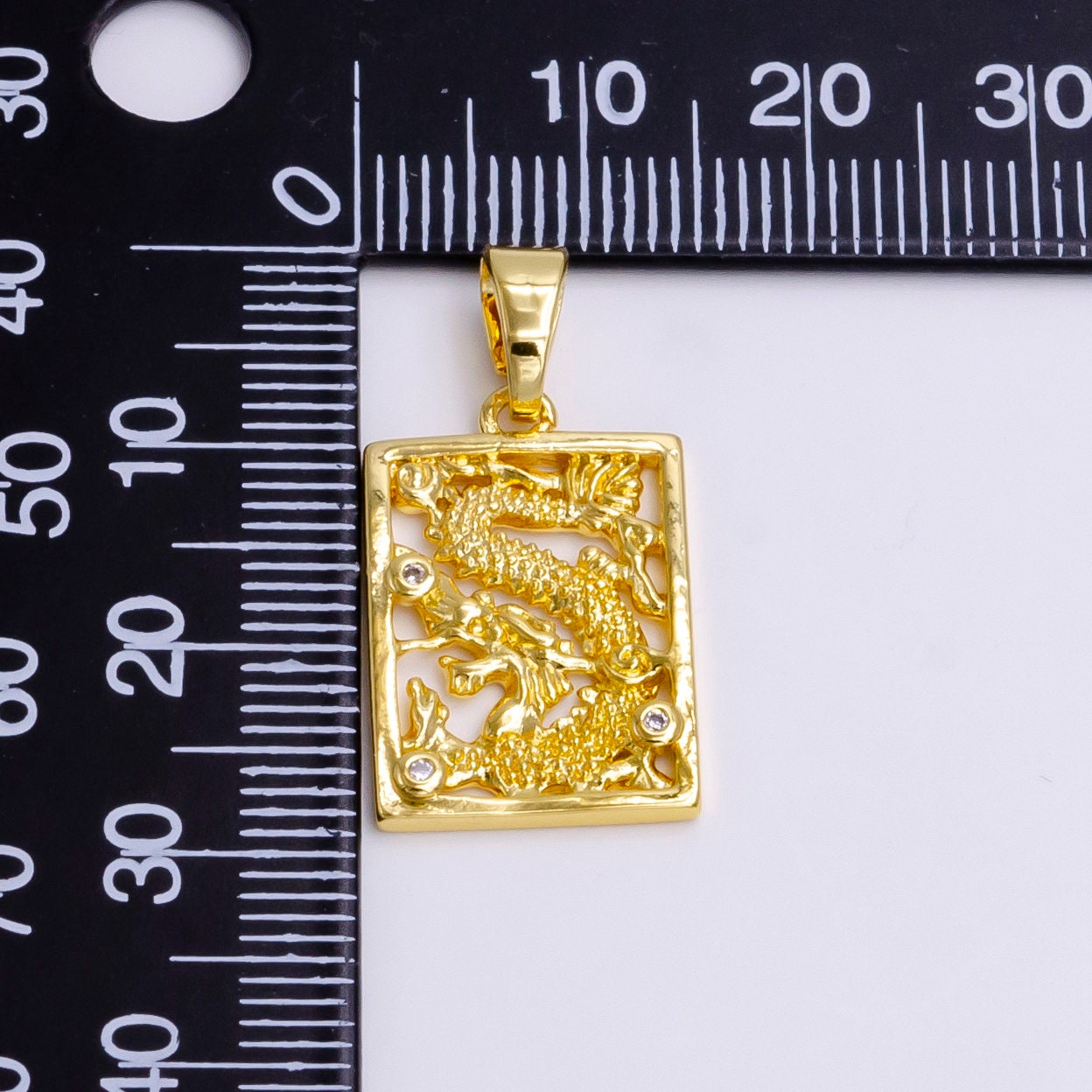 Dragon Rectangle Necklace Charm Gold CZ Dragon Necklace Pendant Chinese Dragon Amulet Necklace Component AA-778