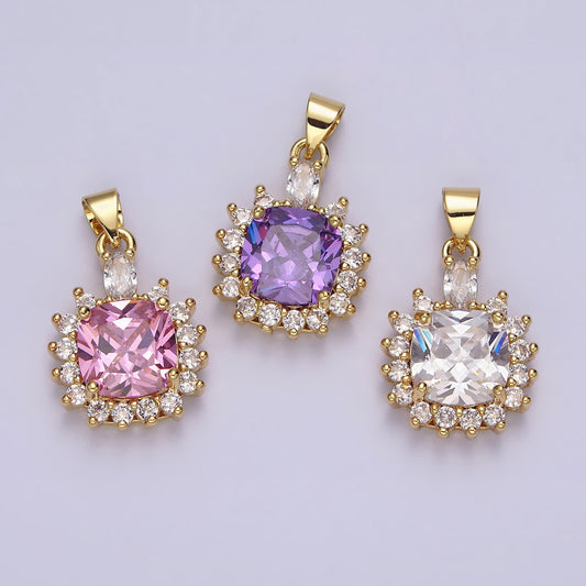 14K Gold Filled Purple, Clear, Pink Square Round CZ Pendant | AA656 - AA658