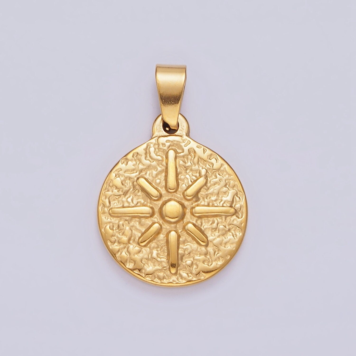 Gold Stainless Steel 25.5mm Celestial Sun Burst Abstract Textured Pendant | P804