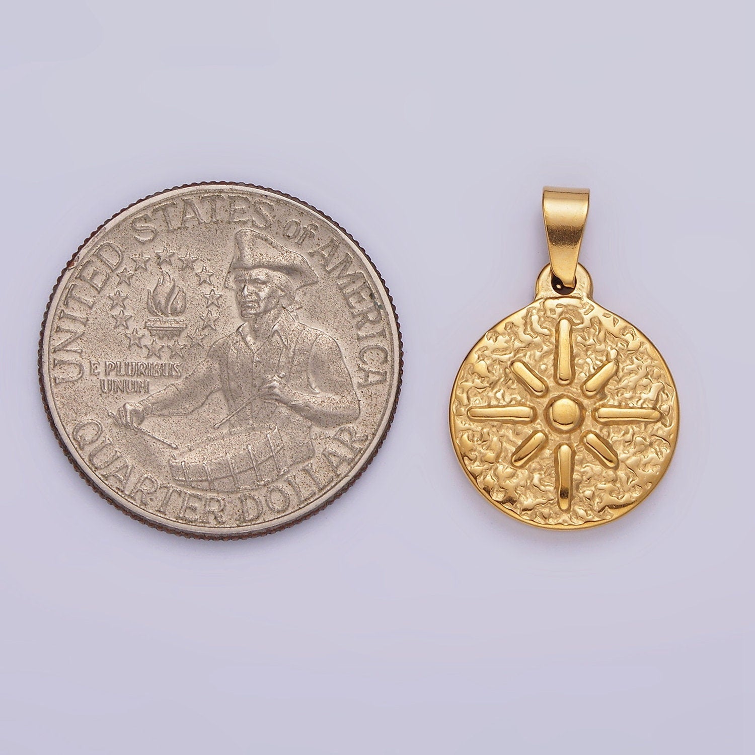 Gold Stainless Steel 25.5mm Celestial Sun Burst Abstract Textured Pendant | P804