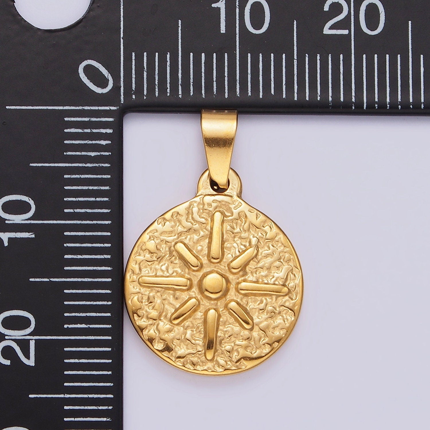 Gold Stainless Steel 25.5mm Celestial Sun Burst Abstract Textured Pendant | P804
