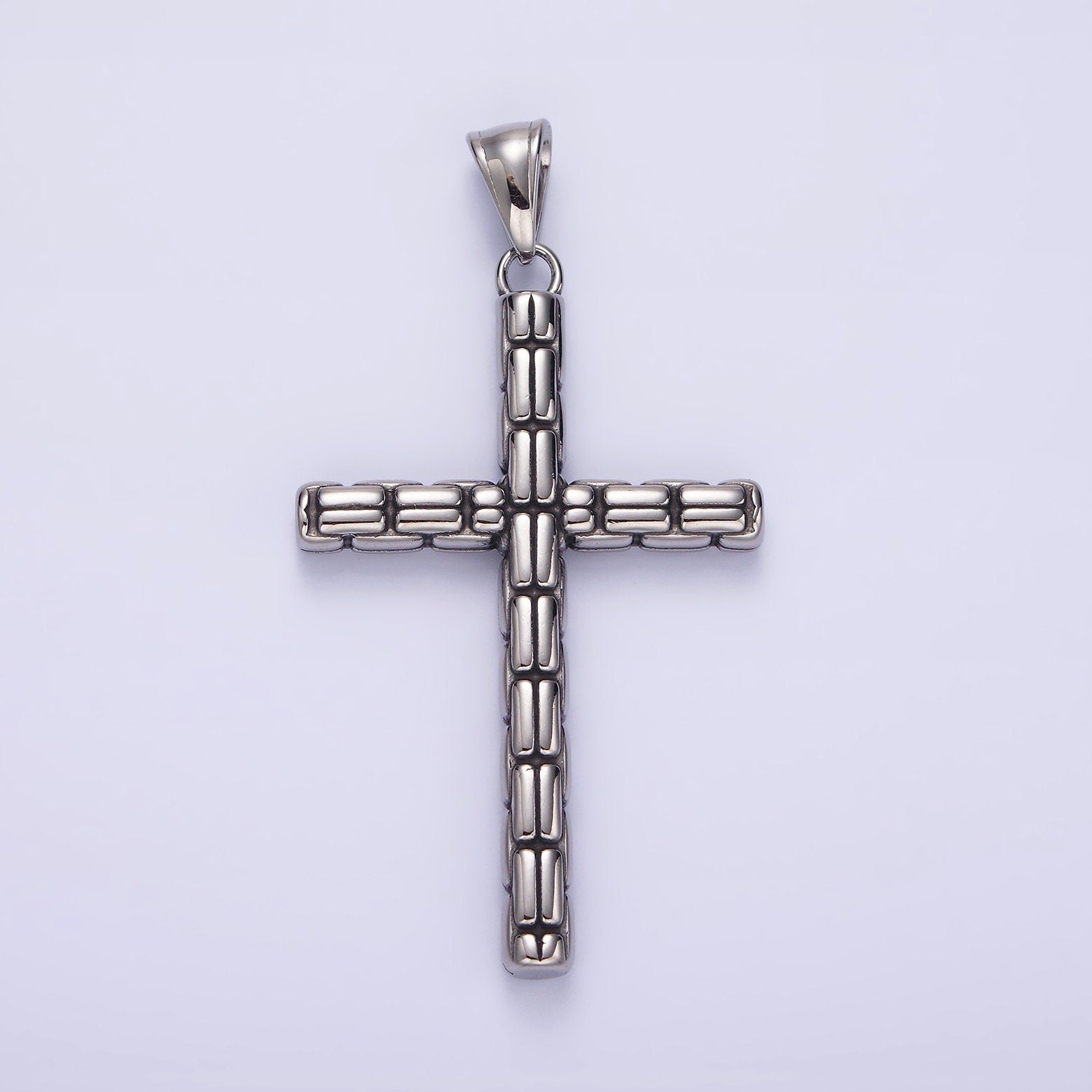 Stainless Steel 64mm Religious Latin Cross Bar Line-Textured Pendant | P741