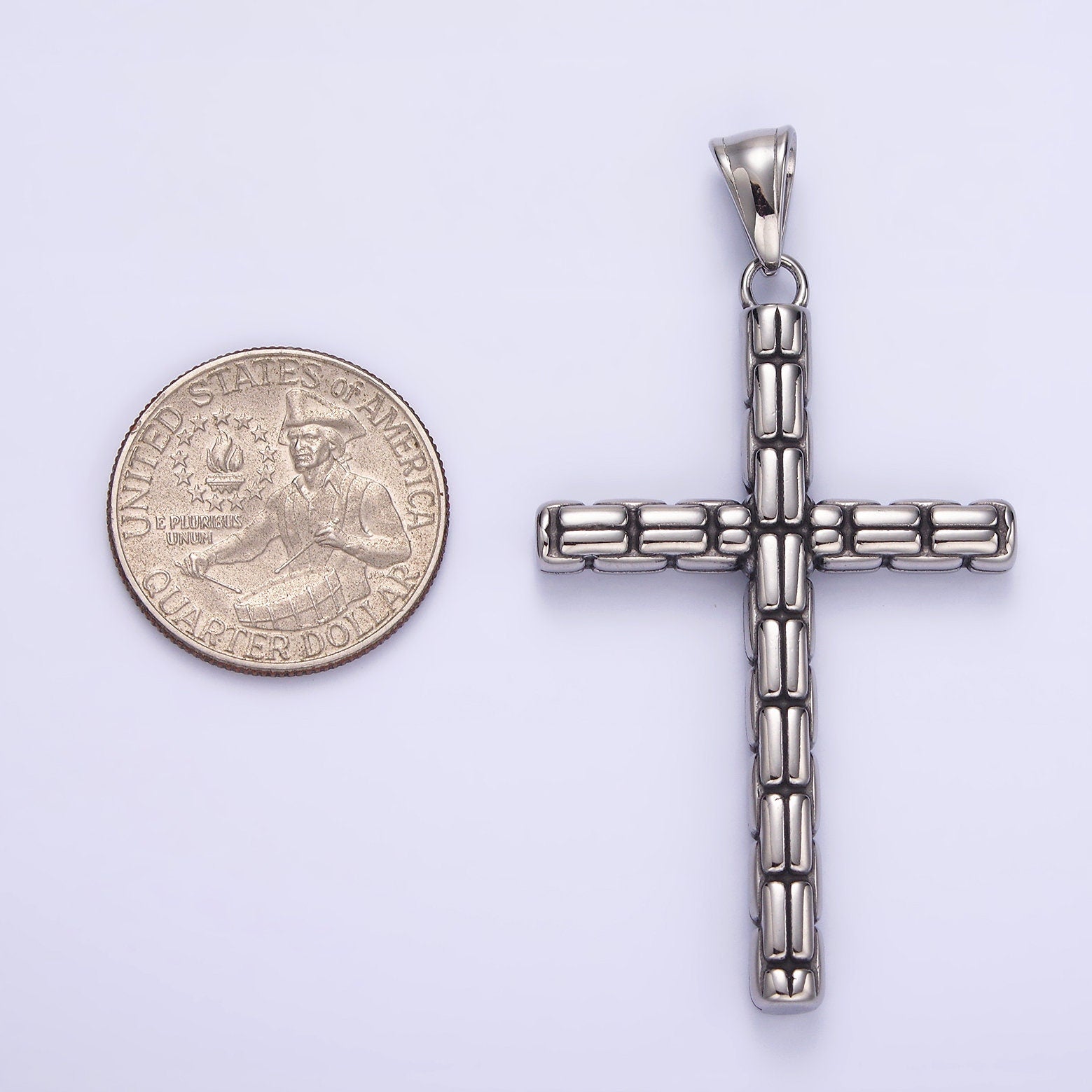 Stainless Steel 64mm Religious Latin Cross Bar Line-Textured Pendant | P741