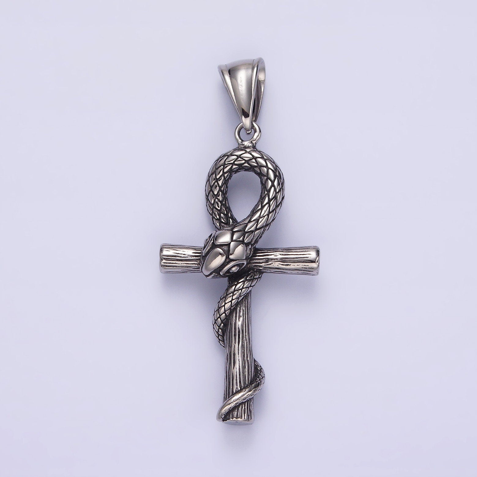 Stainless Steel 50mm Snake Wood-Textured Egyptian Ankh Cross Pendant | P748
