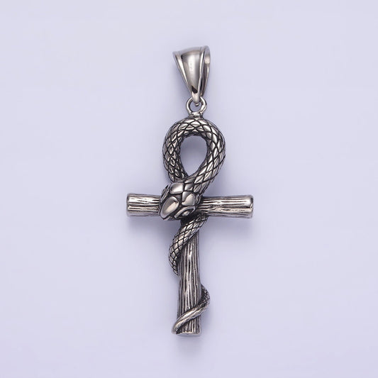 Stainless Steel 50mm Snake Wood-Textured Egyptian Ankh Cross Pendant | P748