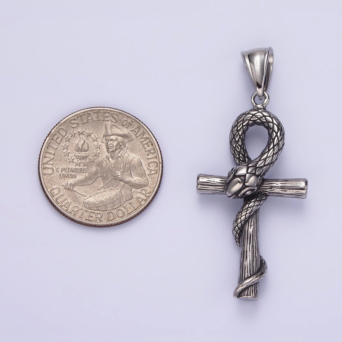 Stainless Steel 50mm Snake Wood-Textured Egyptian Ankh Cross Pendant | P748
