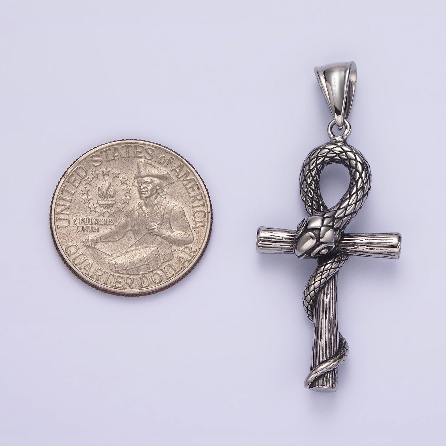 Stainless Steel 50mm Snake Wood-Textured Egyptian Ankh Cross Pendant | P748