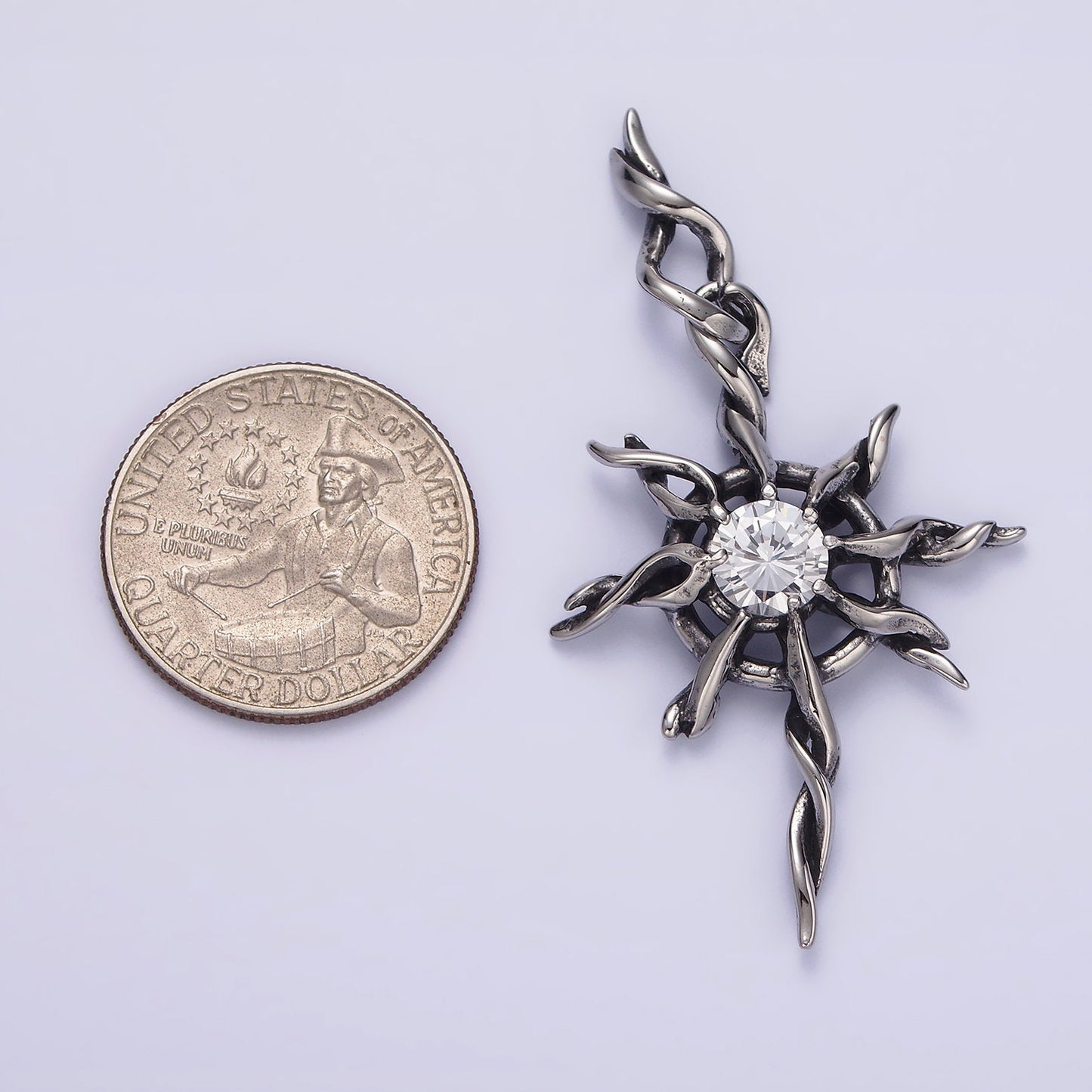 Stainless Steel 60mm Celestial Sun Star Clear CZ Twisted Ray Pendant | P745