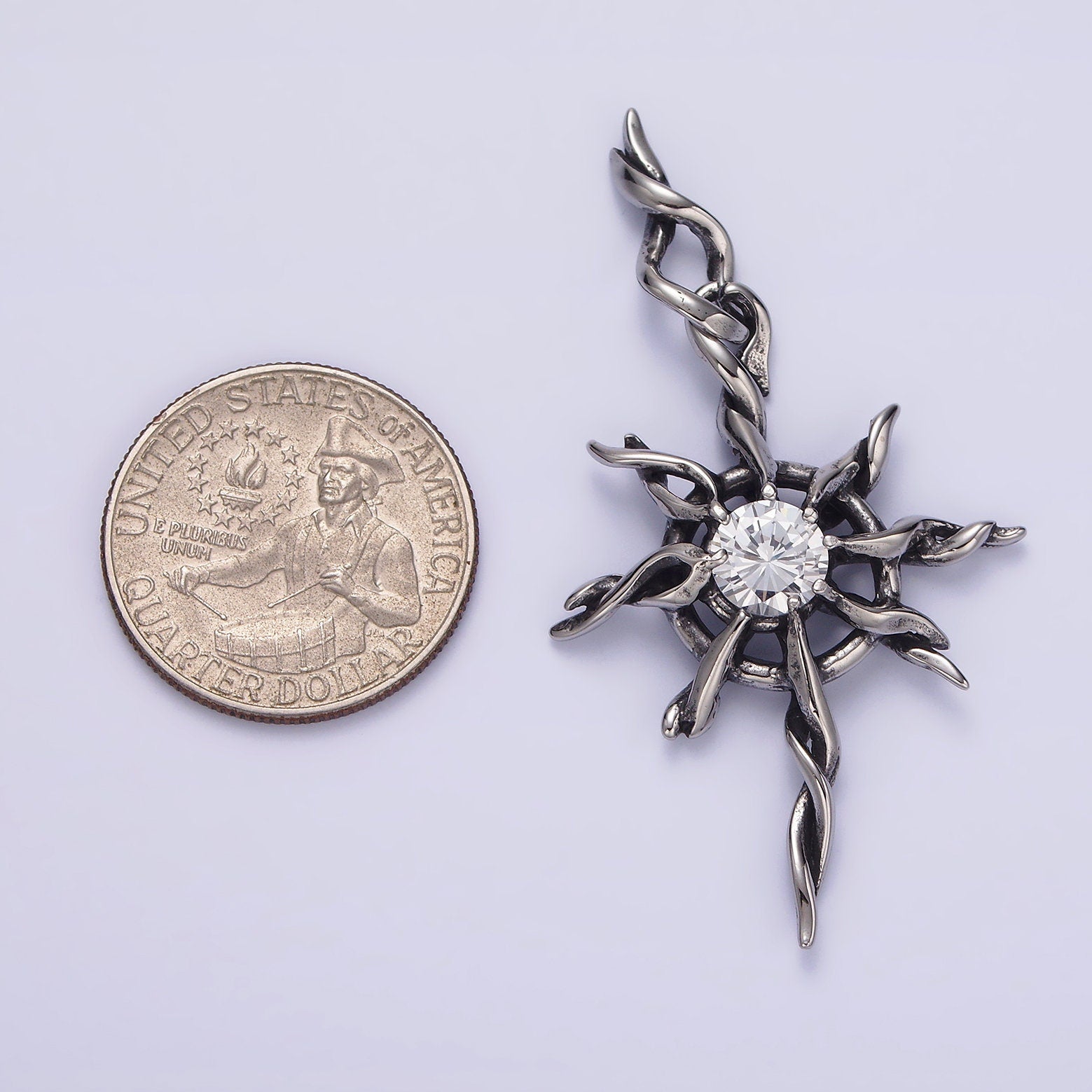 Stainless Steel 60mm Celestial Sun Star Clear CZ Twisted Ray Pendant | P745