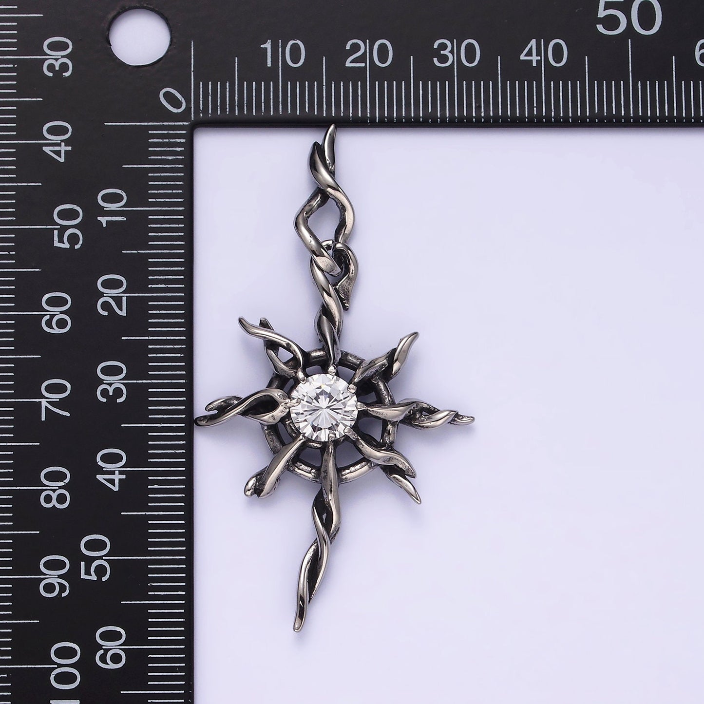Stainless Steel 60mm Celestial Sun Star Clear CZ Twisted Ray Pendant | P745