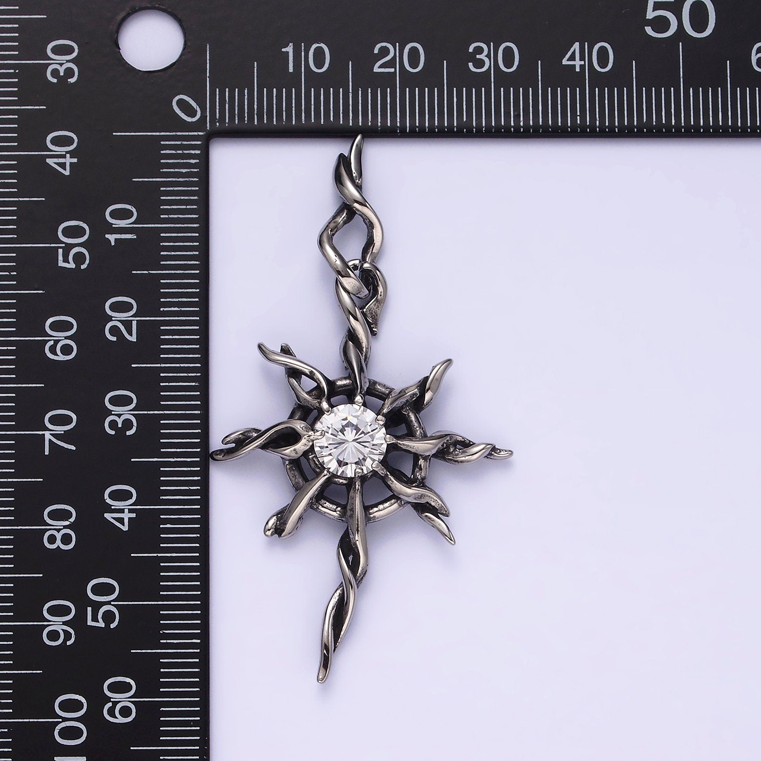 Stainless Steel 60mm Celestial Sun Star Clear CZ Twisted Ray Pendant | P745