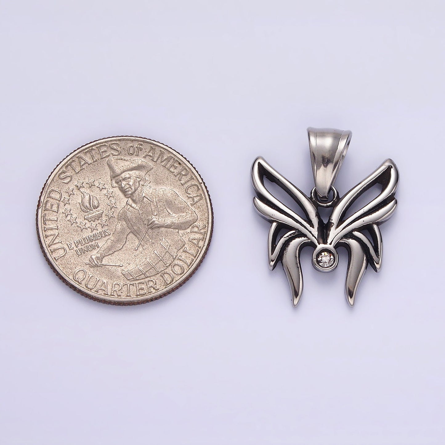 Stainless Steel Clear CZ Butterfly Mariposa Open Wings Pendant | P742