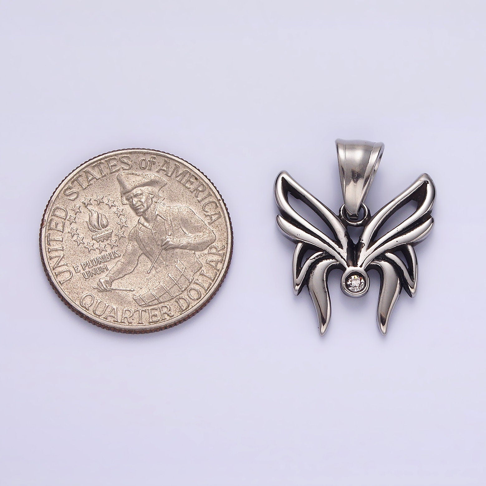 Stainless Steel Clear CZ Butterfly Mariposa Open Wings Pendant | P742