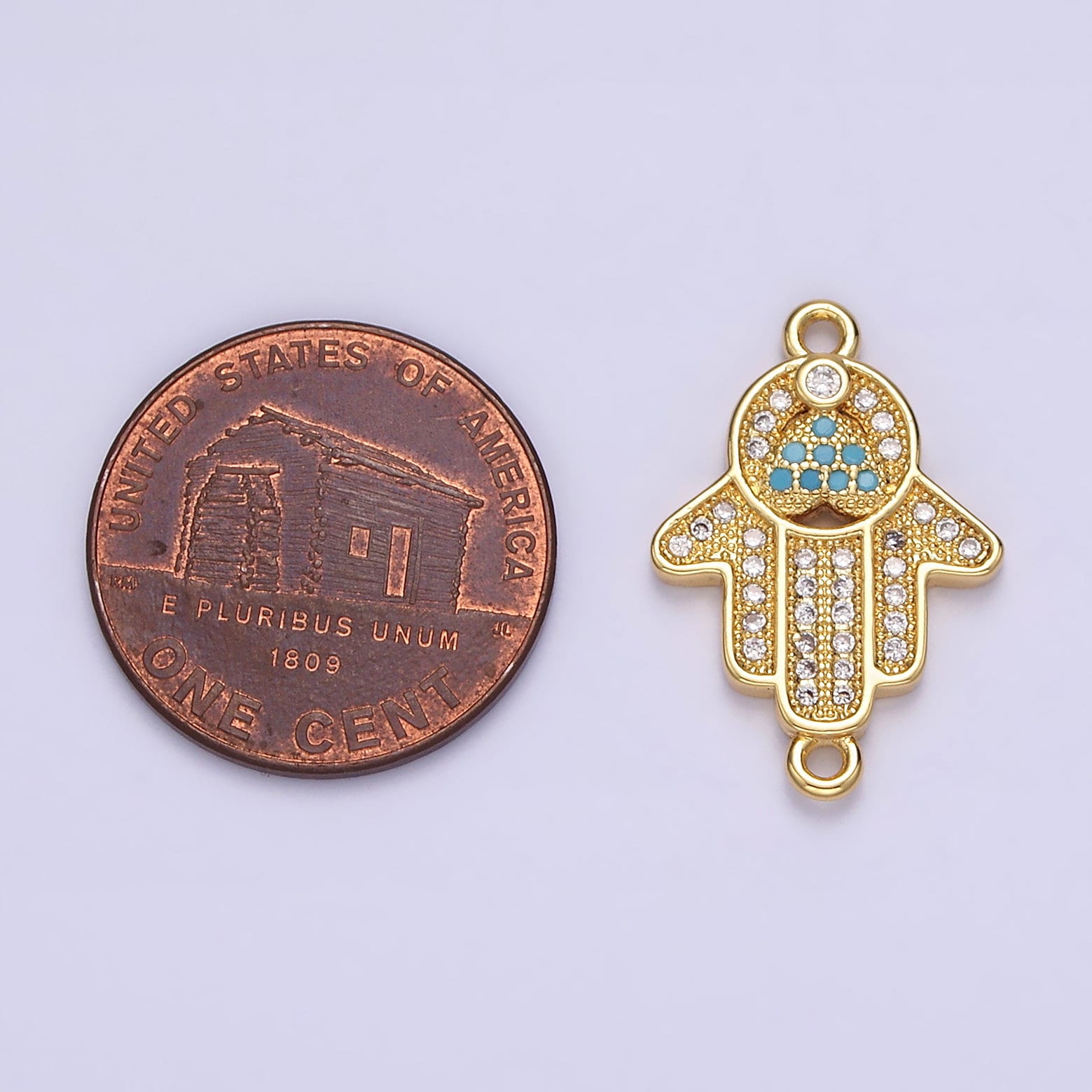 14K Gold Filled 21mm Turquoise Clear Micro Paved CZ Hamsa Hand Connector | G661