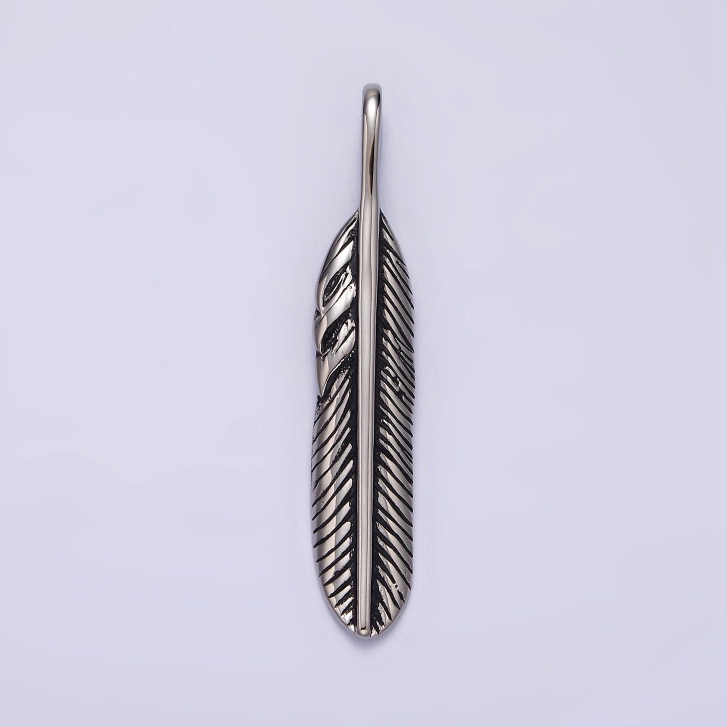 Stainless Steel 40mm Linear-Lined Feather Pendant | P769