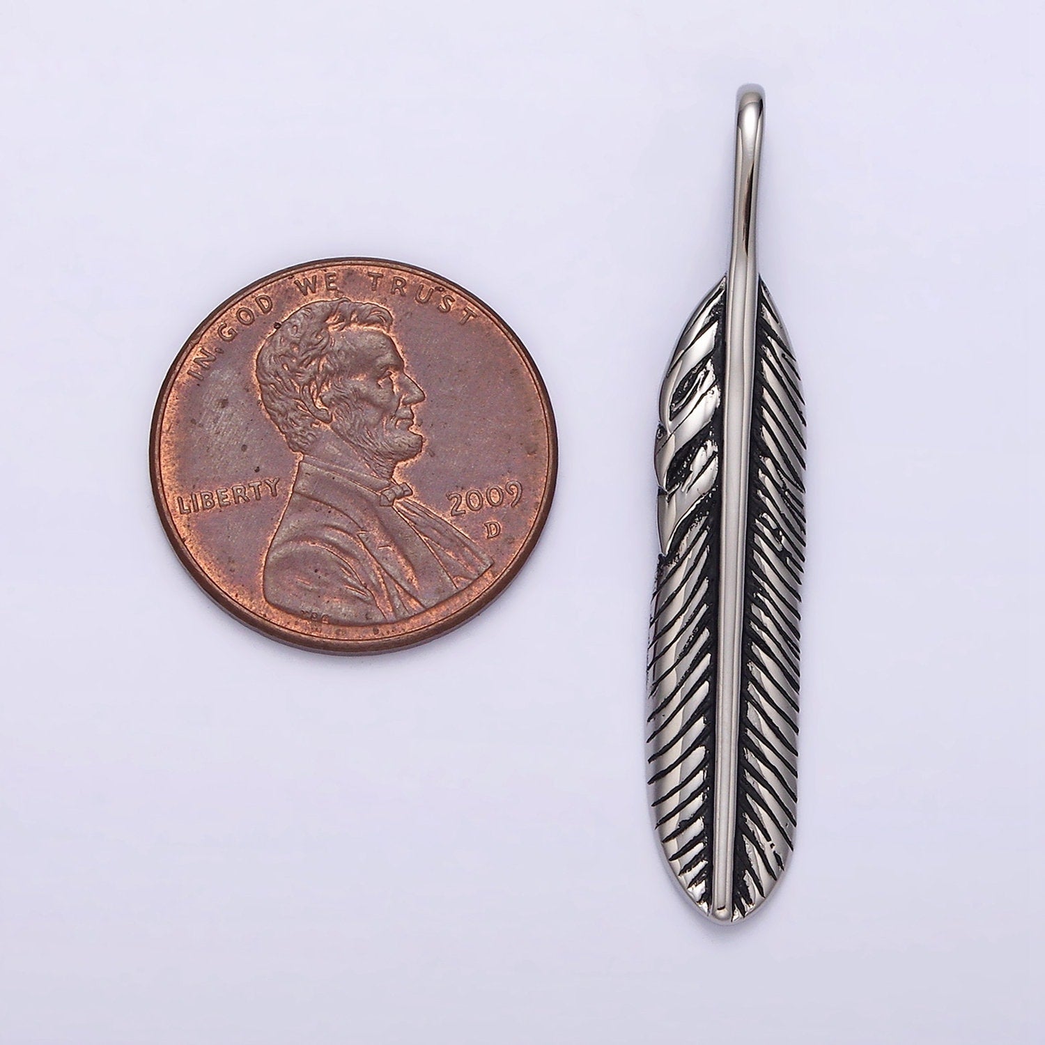 Stainless Steel 40mm Linear-Lined Feather Pendant | P769