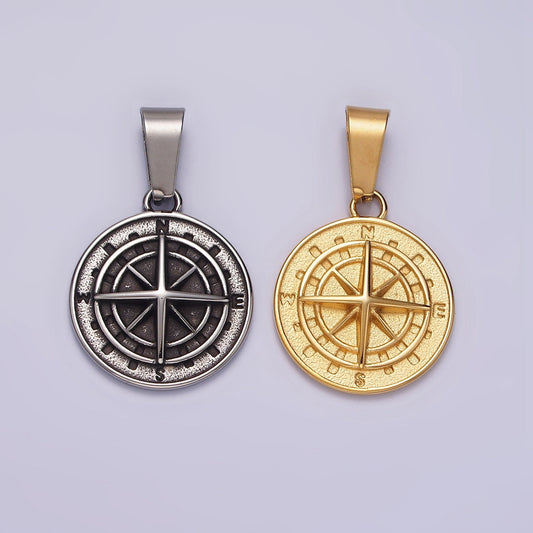 Stainless Steel Nautical Compass Round Medallion Pendant in Silver & Gold | P762 P763