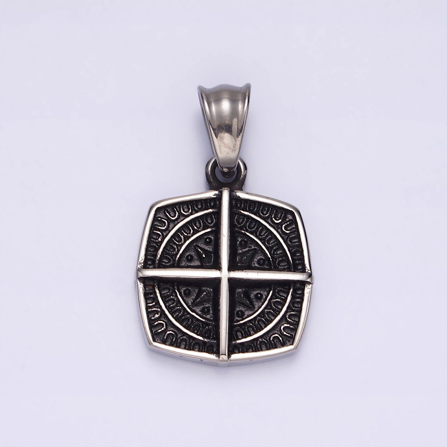Stainless Steel Bar Celestial Star Rounded Engraved Edged Square Pendant | P765
