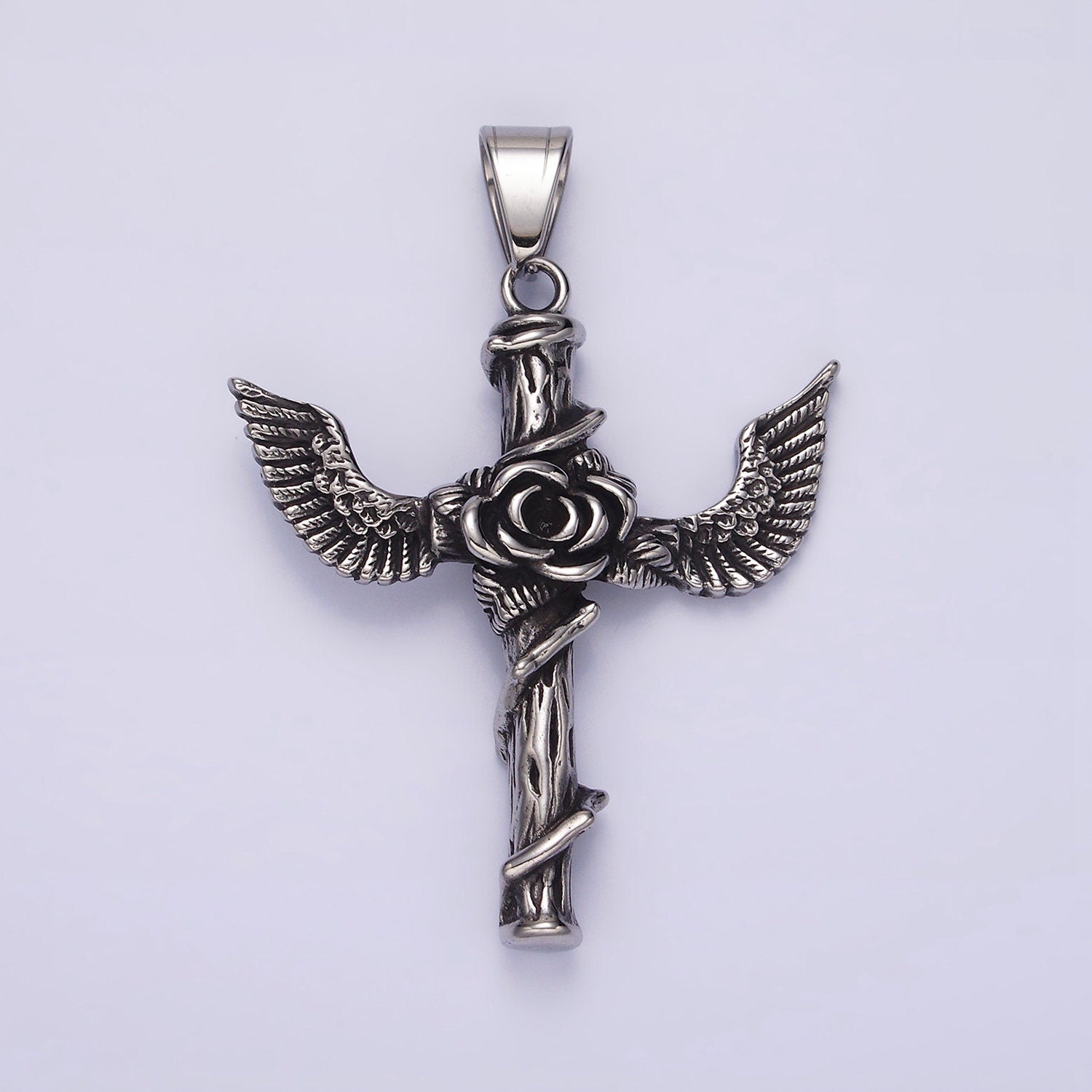 Stainless Steel 60mm Religious Cross Rose Flower Vine Wood Feather Wings Pendant | P776