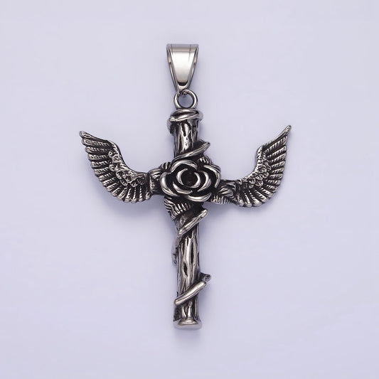 Stainless Steel 60mm Religious Cross Rose Flower Vine Wood Feather Wings Pendant | P776