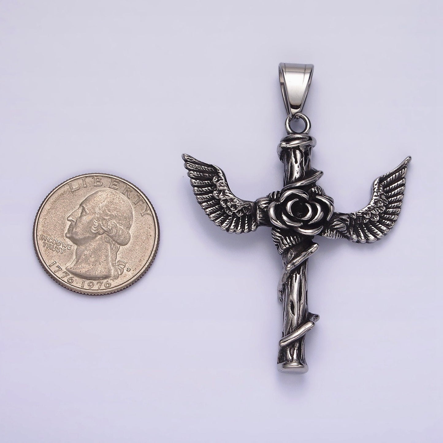 Stainless Steel 60mm Religious Cross Rose Flower Vine Wood Feather Wings Pendant | P776