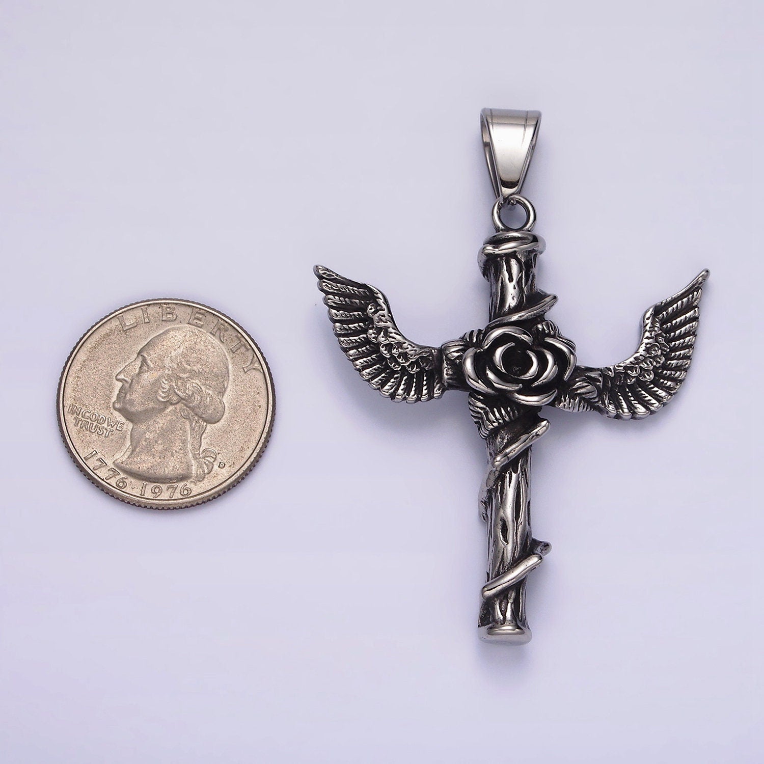 Stainless Steel 60mm Religious Cross Rose Flower Vine Wood Feather Wings Pendant | P776