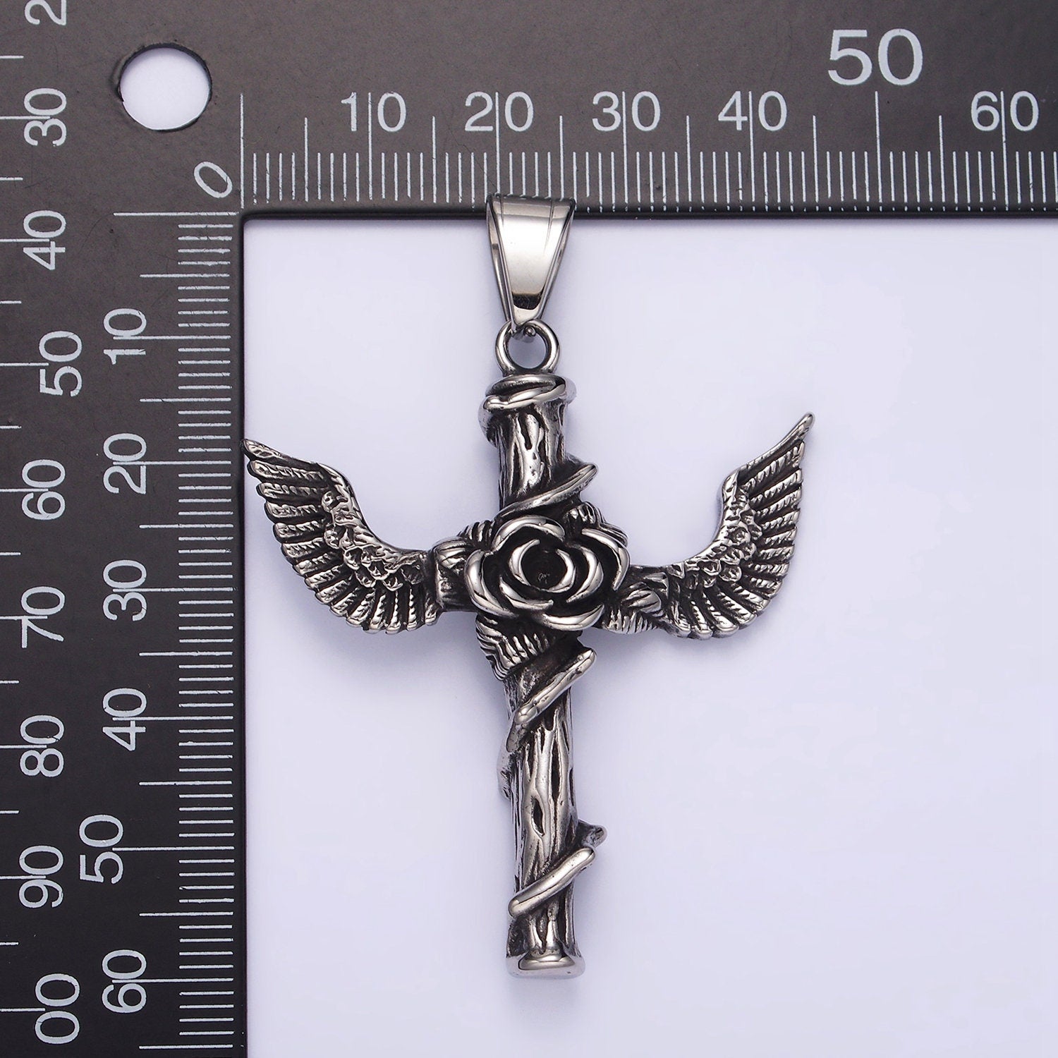 Stainless Steel 60mm Religious Cross Rose Flower Vine Wood Feather Wings Pendant | P776