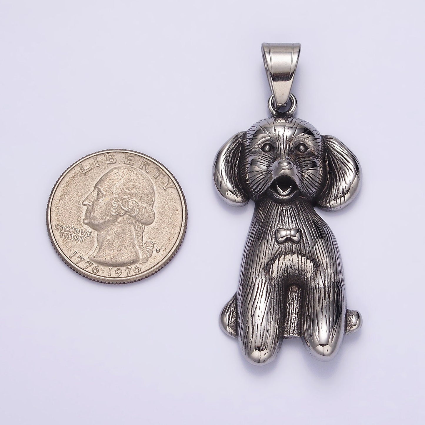 Stainless Steel 60mm Bow-Tied Puppy Dog Pet Textured Pendant | P777