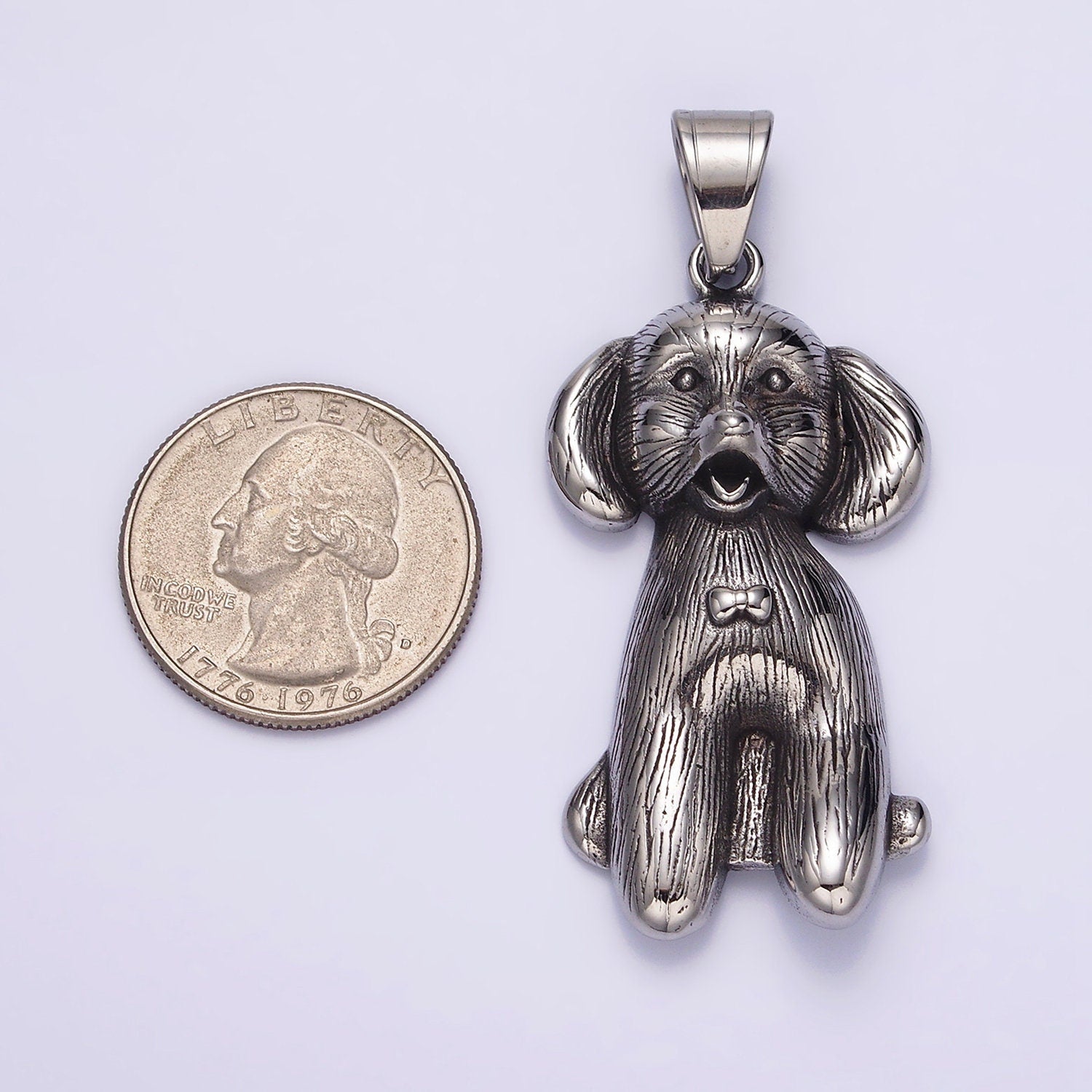 Stainless Steel 60mm Bow-Tied Puppy Dog Pet Textured Pendant | P777