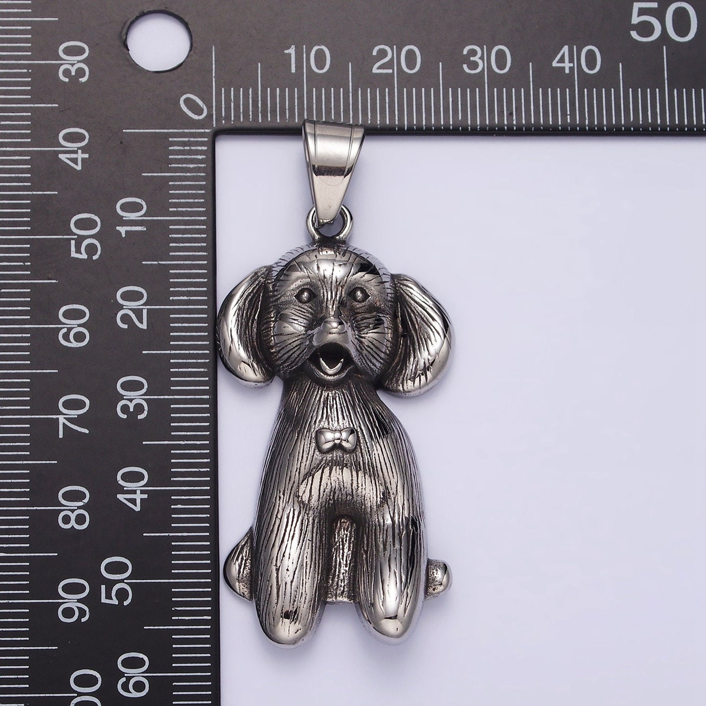 Stainless Steel 60mm Bow-Tied Puppy Dog Pet Textured Pendant | P777