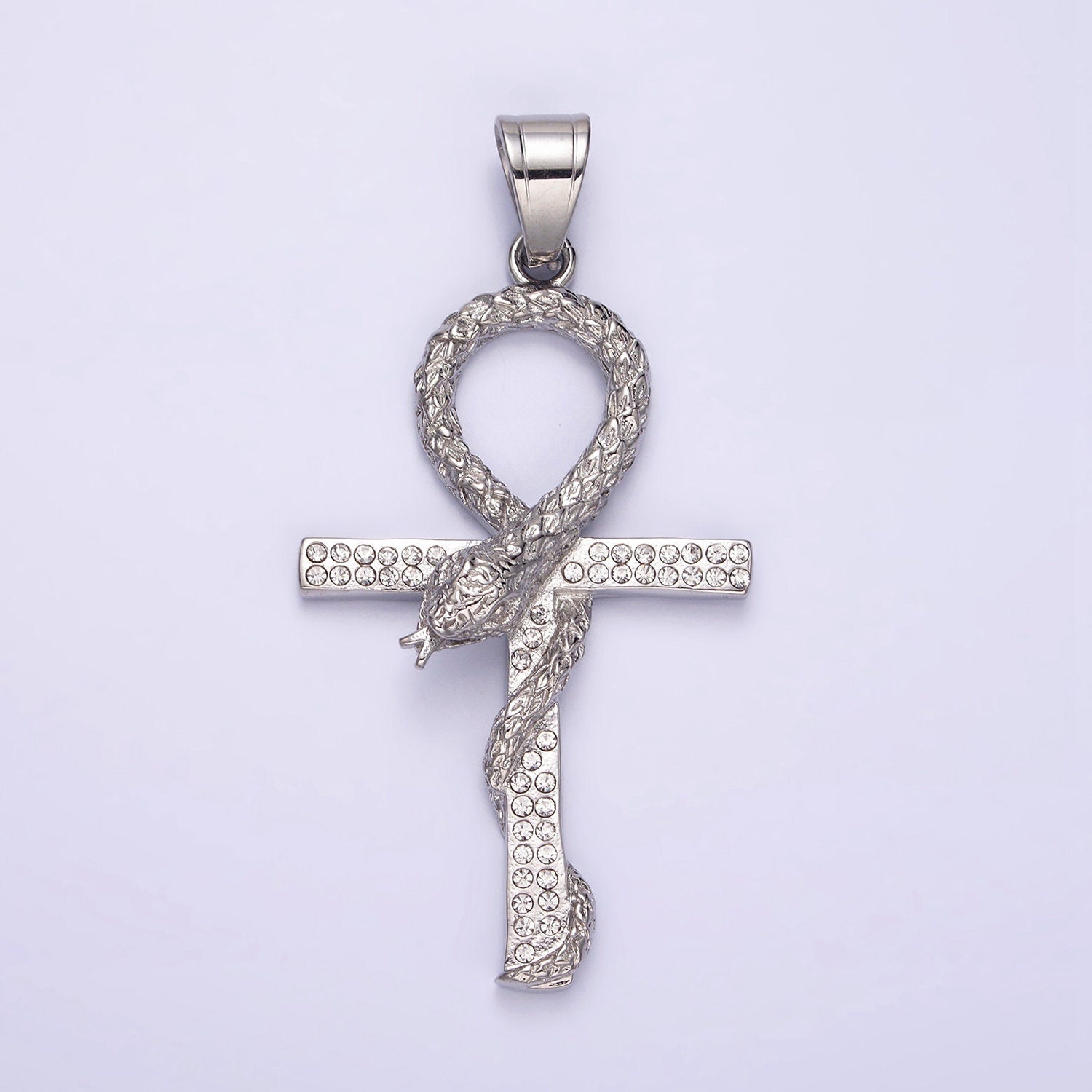 Stainless Steel Scaled Snake Serpent Ankh Egyptian Clear Micro Paved CZ Cross Pendant | P771