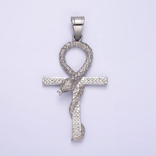 Stainless Steel Scaled Snake Serpent Ankh Egyptian Clear Micro Paved CZ Cross Pendant | P771