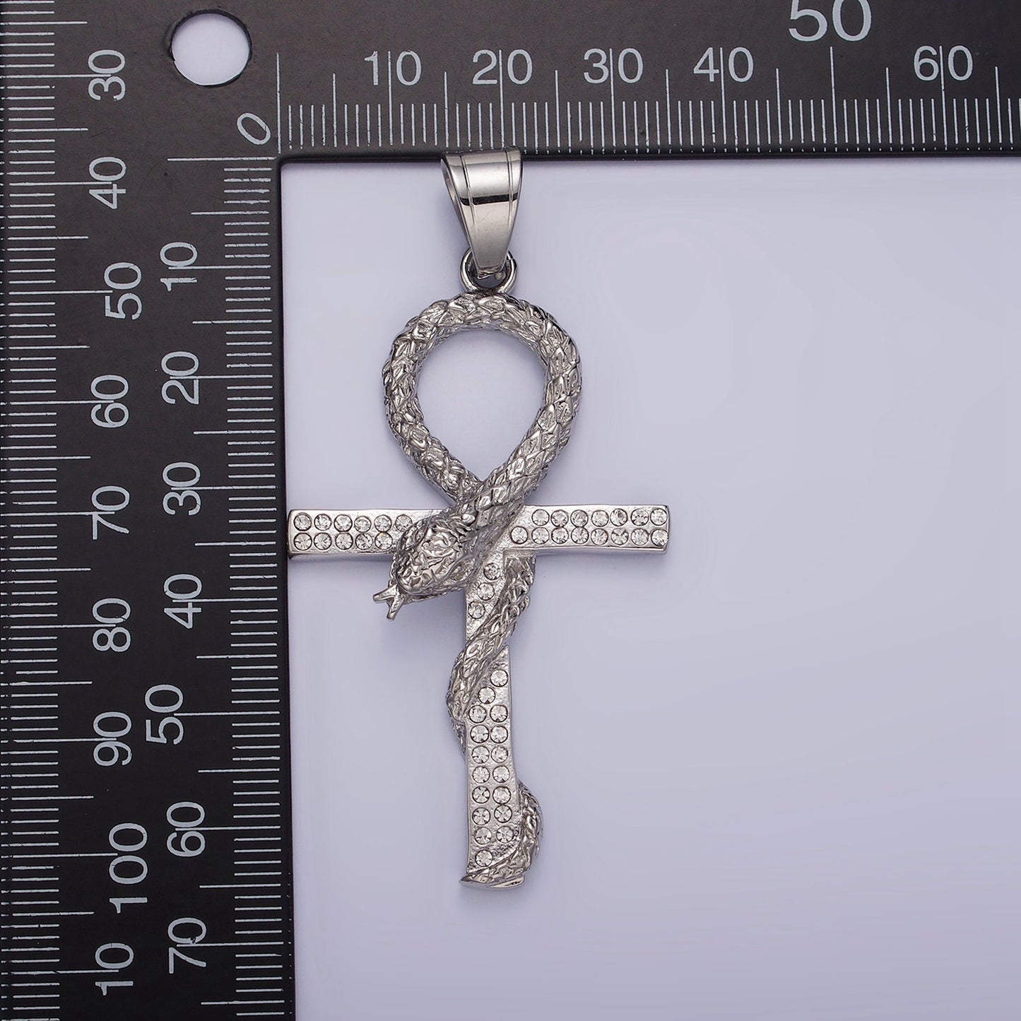 Stainless Steel Scaled Snake Serpent Ankh Egyptian Clear Micro Paved CZ Cross Pendant | P771
