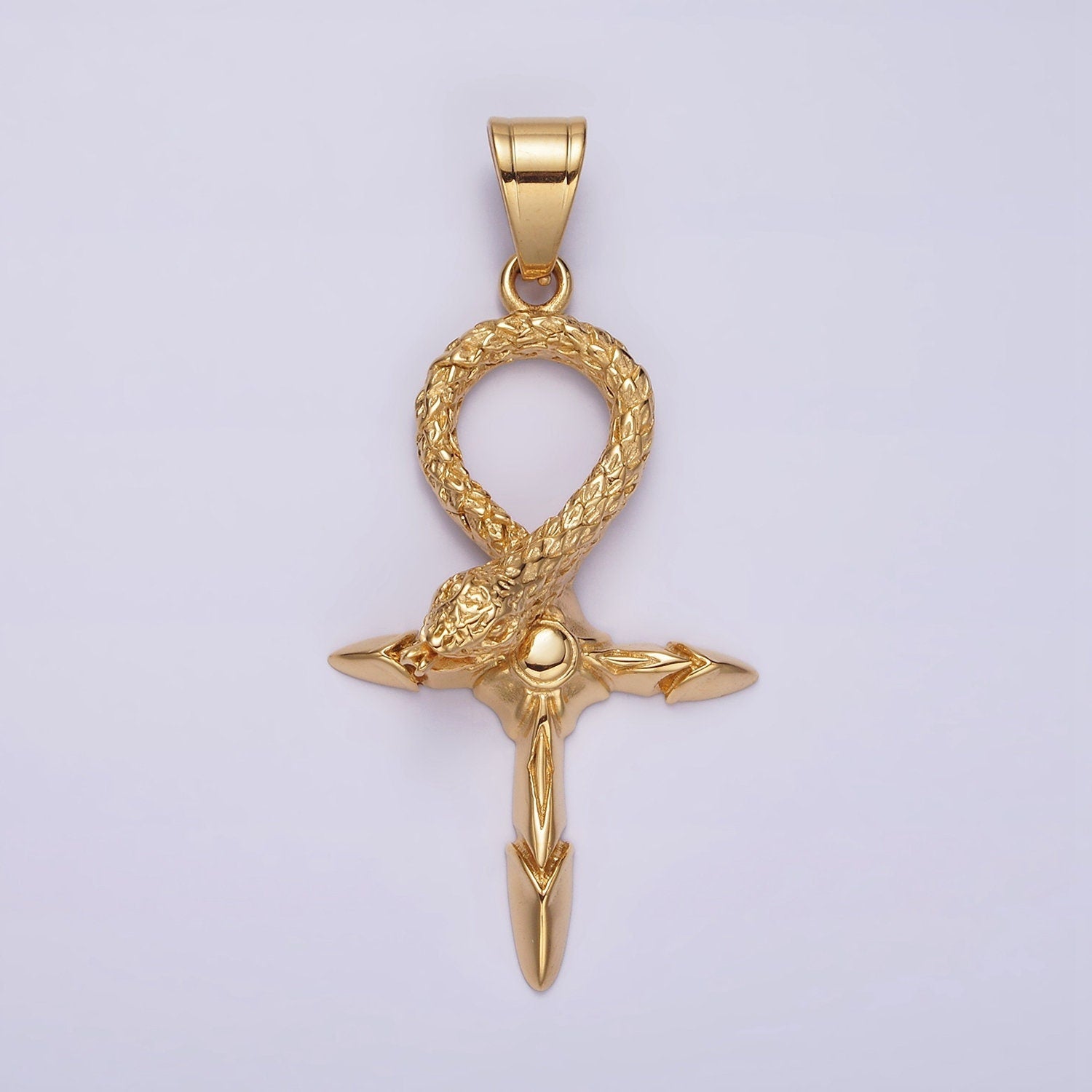 Stainless Steel Snake Serpent Sunburst Arrow Egyptian Ankh Cross Pendant | P772