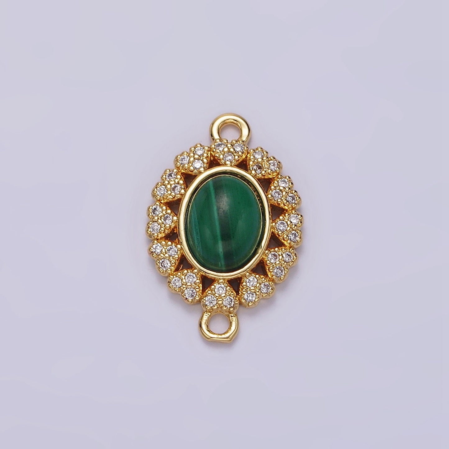 14K Gold Filled Malachite Cabochon Micro Paved CZ Heart Lined Oval Connector | G807