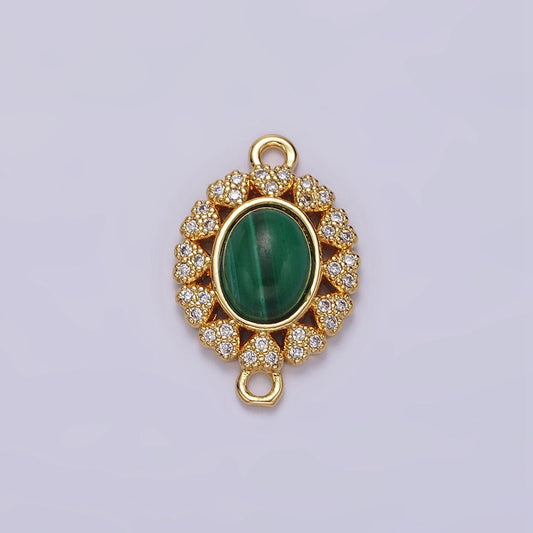 14K Gold Filled Malachite Cabochon Micro Paved CZ Heart Lined Oval Connector | G807