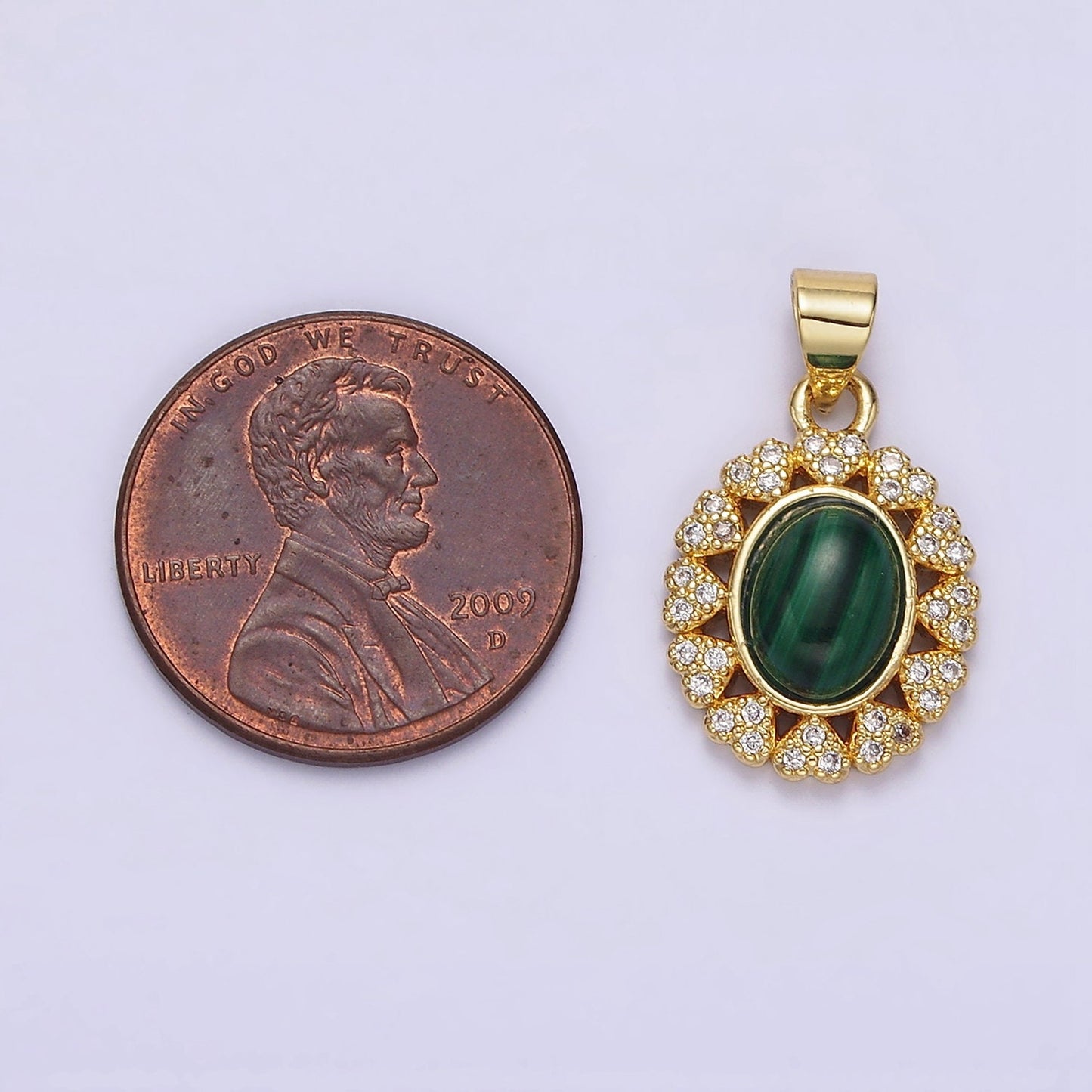 14K Gold Filled Malachite Cabochon Micro Paved CZ Heart Lined Oval Pendant | AA644