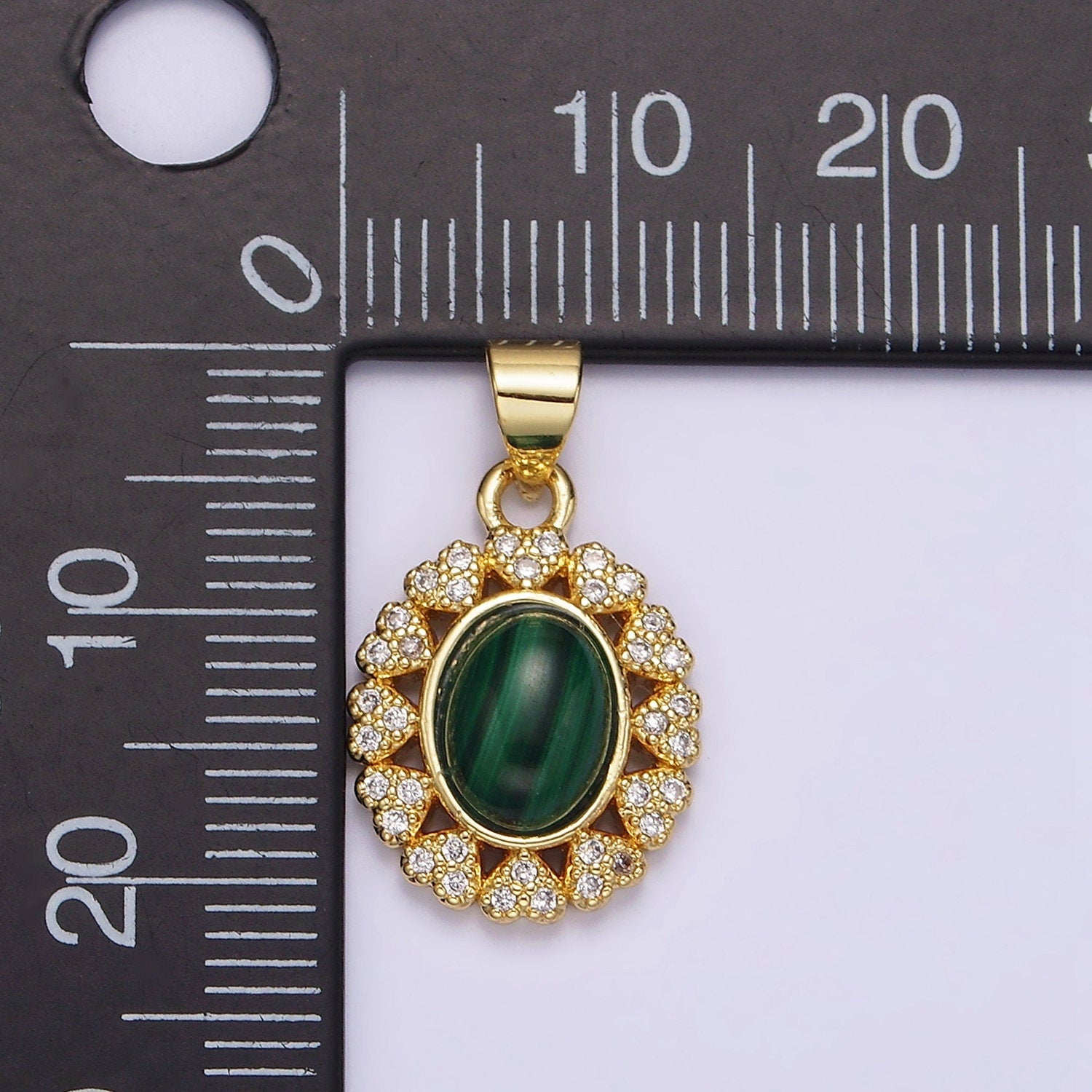 14K Gold Filled Malachite Cabochon Micro Paved CZ Heart Lined Oval Pendant | AA644